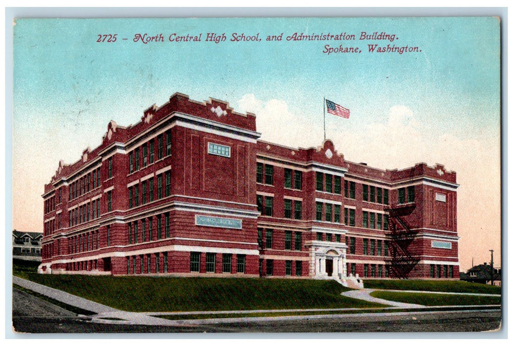 1920 North Central High School Administration Building Flag Spokane WA Postcard