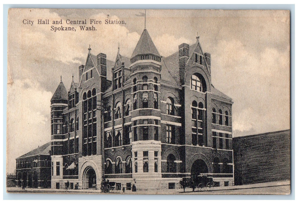 c1910 City Hall & Fire Station Building Carriage Spokane Washington WA Postcard