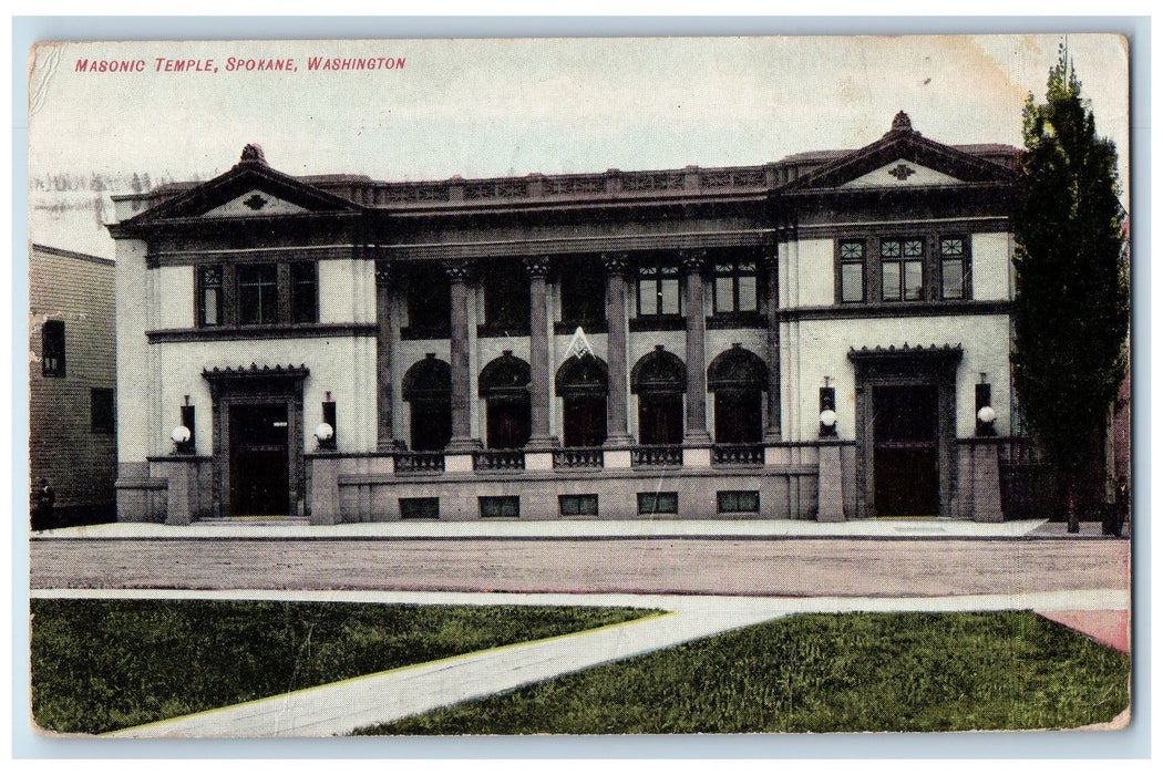 1909 Masonic Temple Building Entrance Roadside Spokane Washington WA Postcard