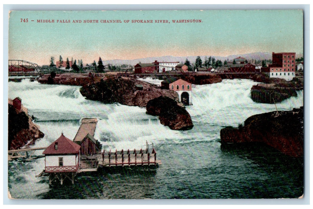 c1950 Middle Falls North Channel Of Spokane River Bridge Washington WA Postcard