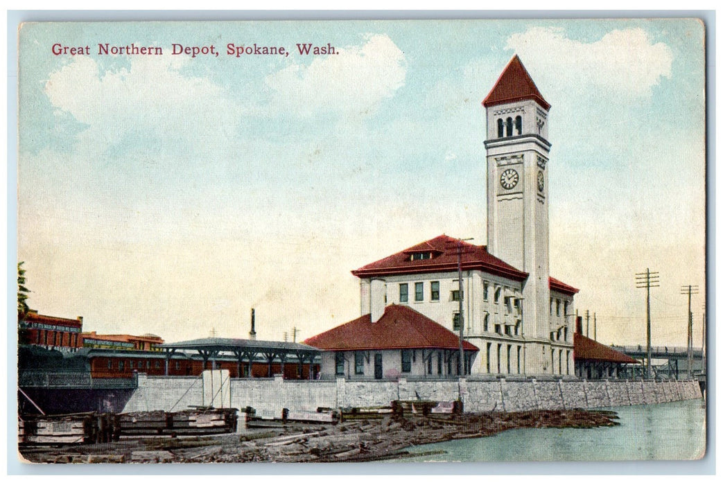 c1950's Great Northern Depot Clock Tower Building Spokane Washington WA Postcard