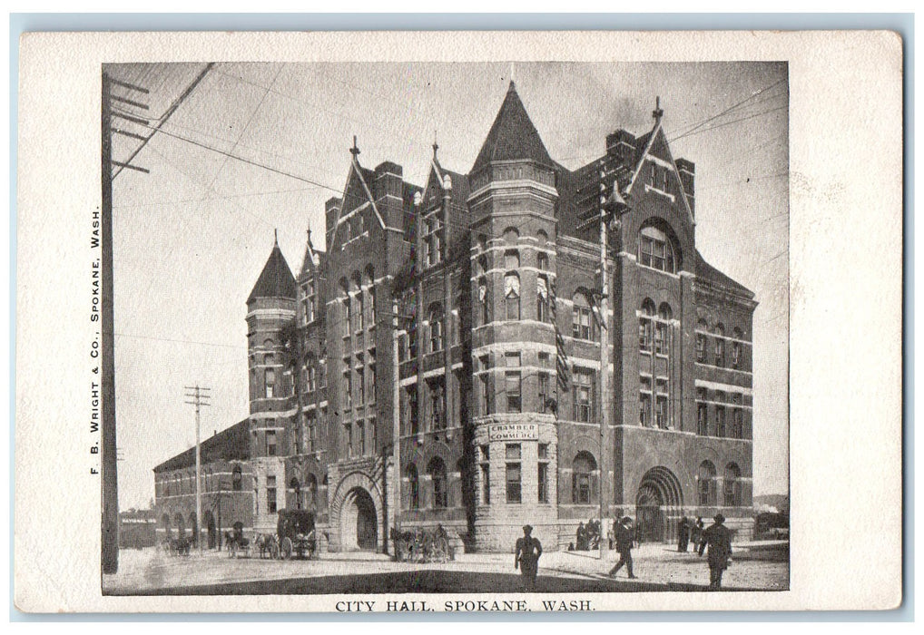 c1905 City Hall Building Tower Carriage People Spokane Washington WA Postcard