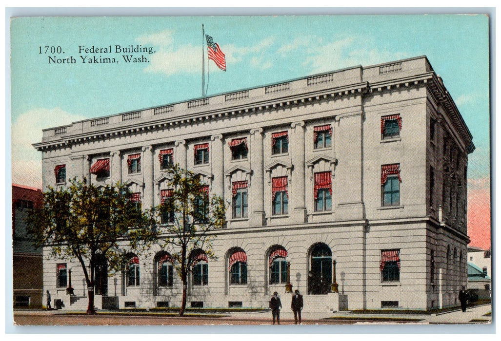 c1950 Federal Building Flag Entrance Stairs North Yakima Washington WA Postcard