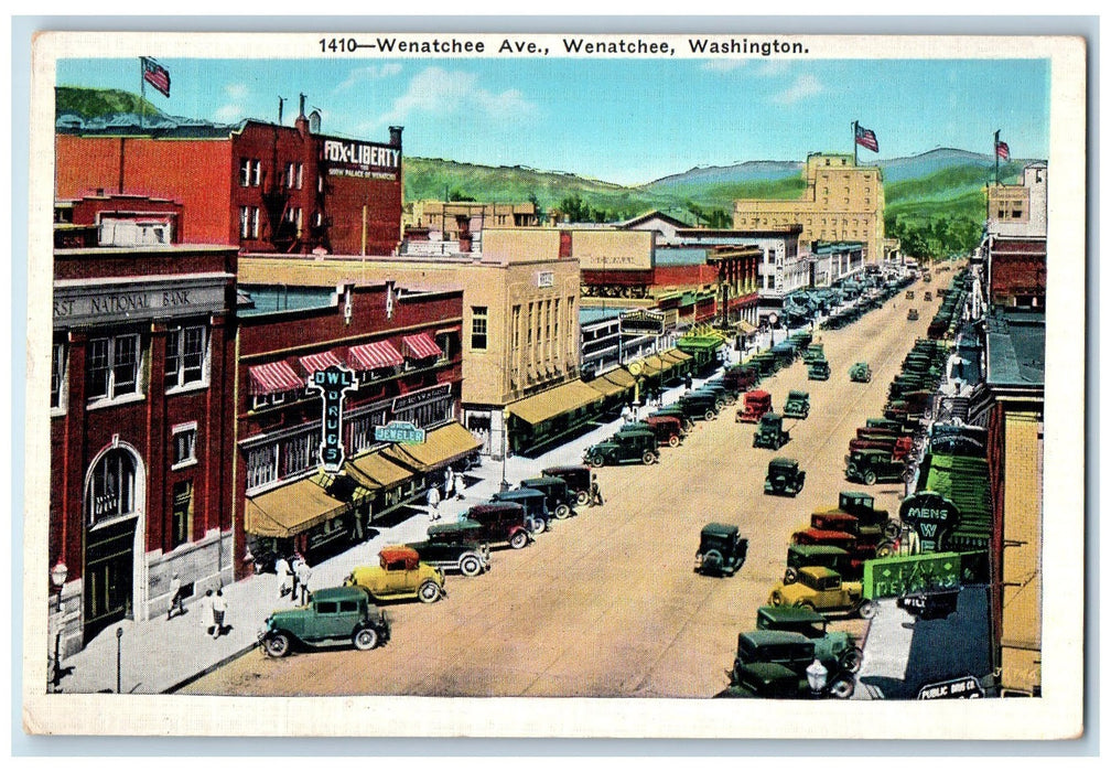 c1920 Wenatchee Avenue Classic Cars Aerial View Wenatchee Washington WA Postcard