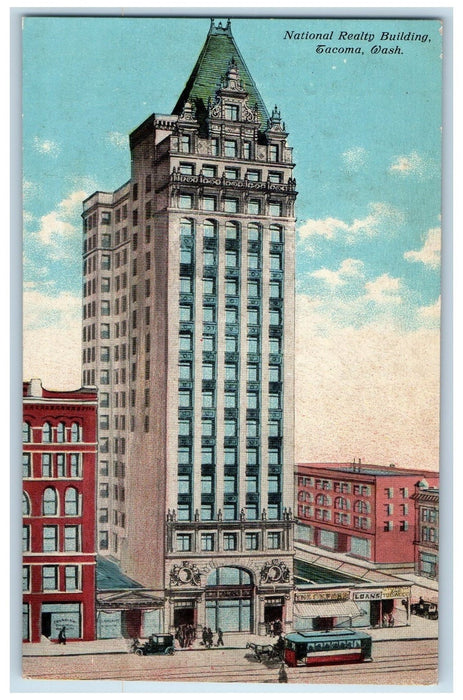 c1910 National Realty Building Trolley Entrance Tacoma Washington WA Postcard