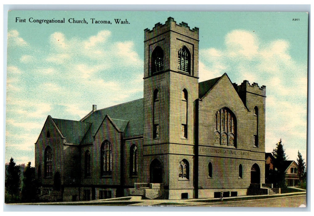 c1910 First Congressional Church Building Tower Tacoma Washington WA Postcard