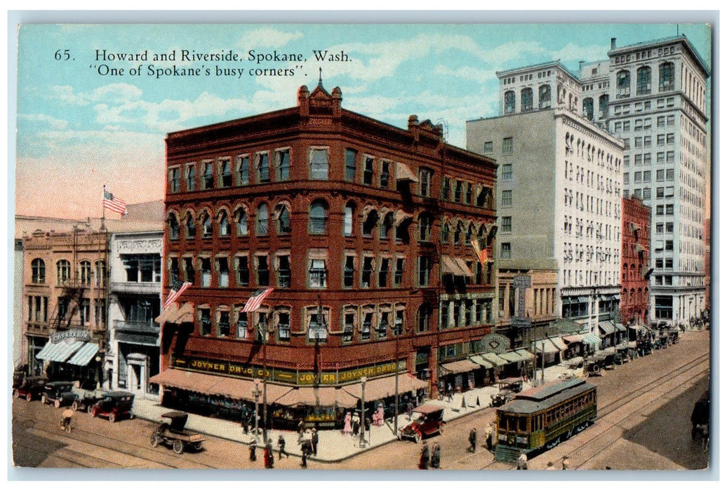 c1910 Howard & Riverside Busy Correr Classic Cars Spokane Washington WA Postcard