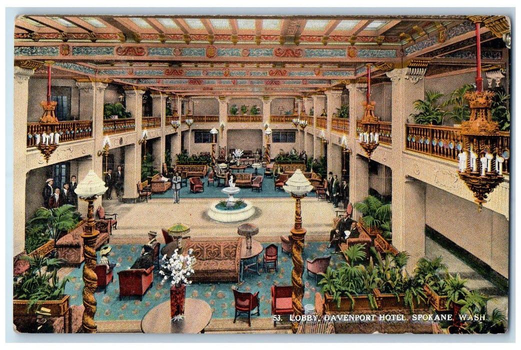 c1950's Lobby Davenport Hotel Interior Tourists Spokane Washington WA Postcard