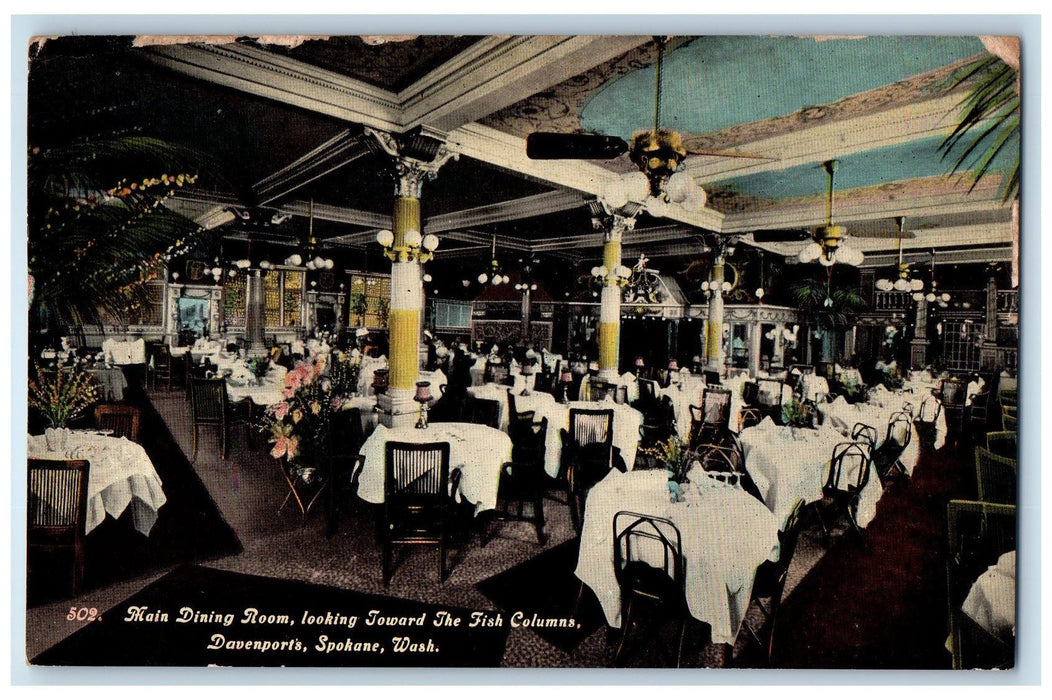 1913 Main Dining Room The Fish Columns Davenports Spokane Washington WA Postcard