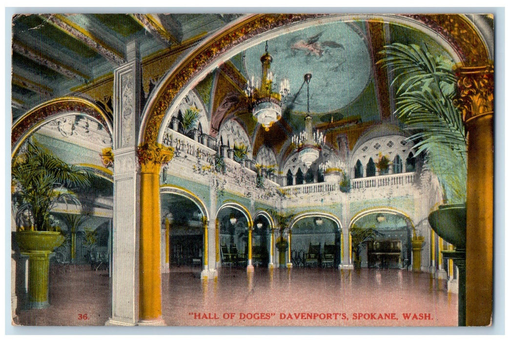 1912 Hall Of Doges Chandelier Davenports Spokane Washington WA Posted Postcard