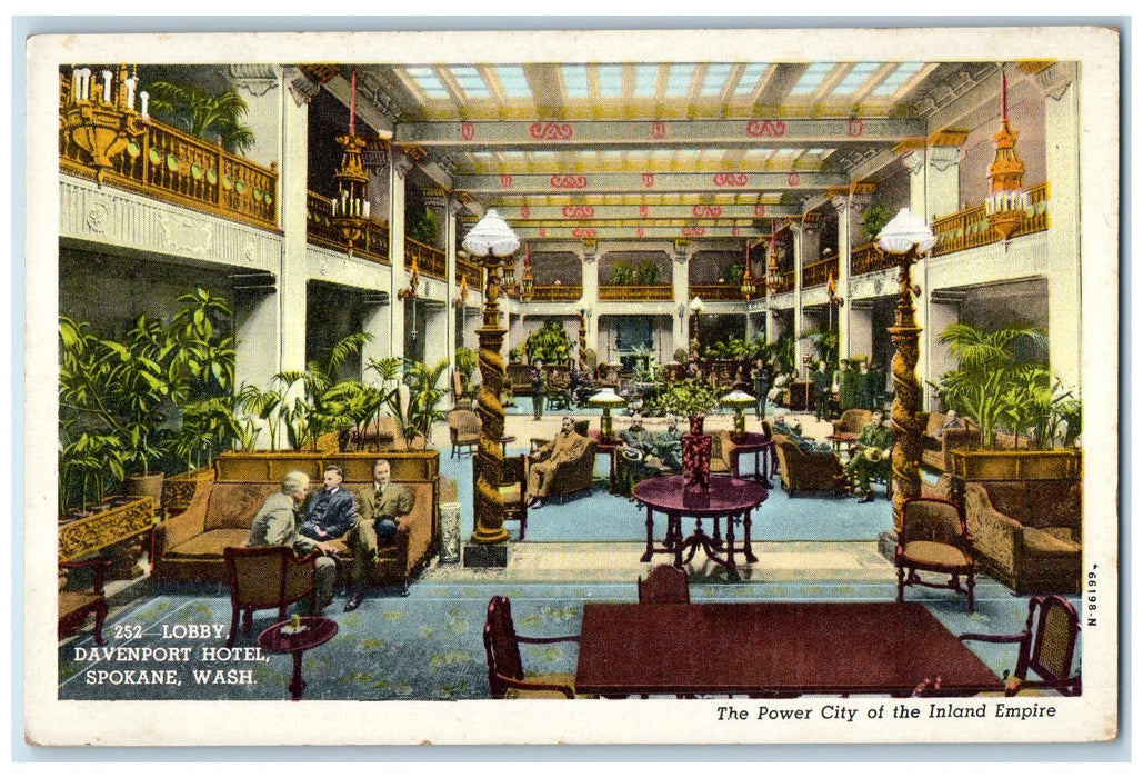 c1920's Lobby Davenport Hotel Restaurant Interior Spokane Washington WA Postcard