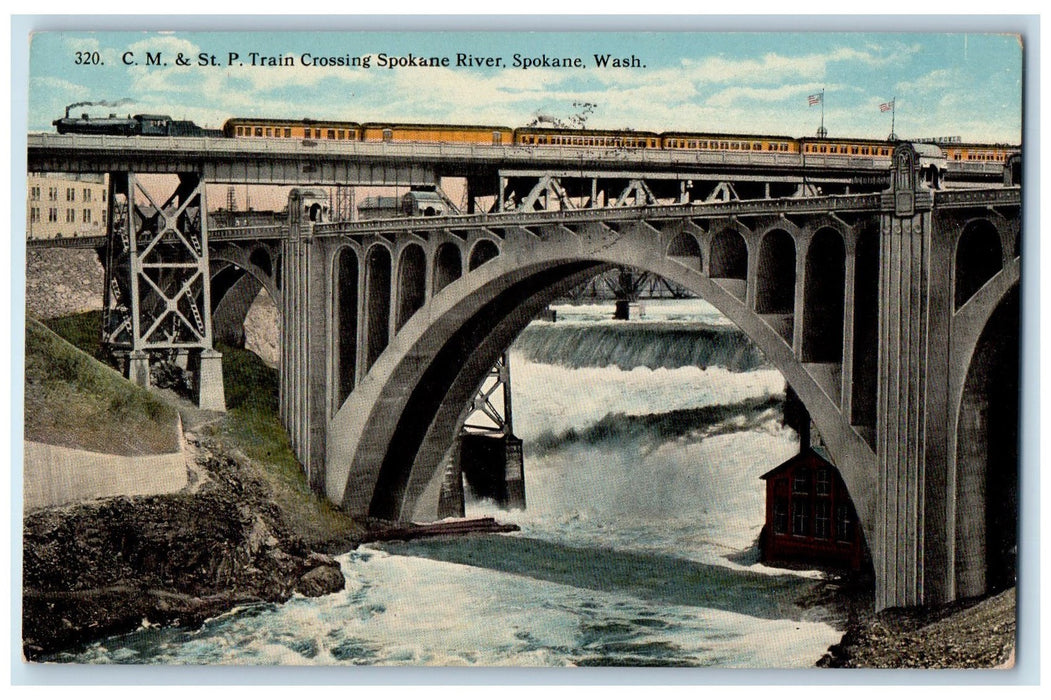1919 CM & St. P Train Crossing Spokane River Bridge Railroad Spokane WA Postcard