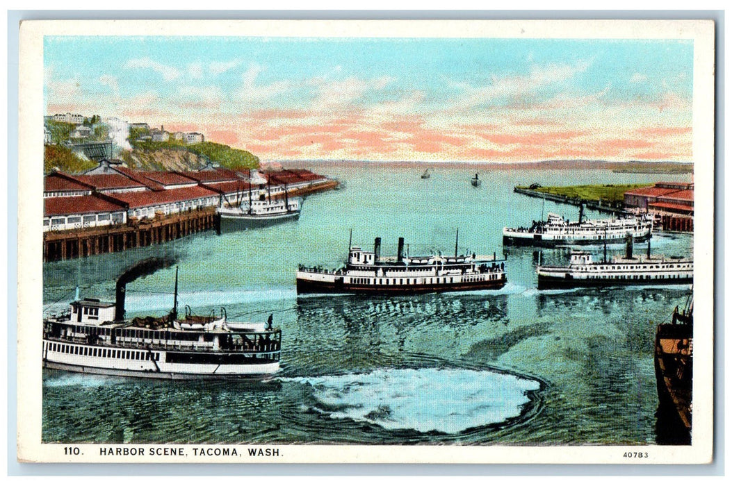c1920's Harbor Scene Passenger Ship Ferry Smokestacks Docking Tacoma WA Postcard