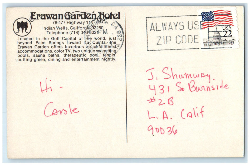 1968 Erawan Garden Hotel Exterior Pond Scene Indian Wells CA Unposted Postcard