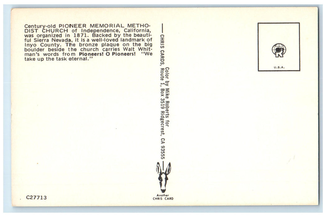 c1960s Century-old Pioneer Memorial Methodist Church Independence CA Postcard