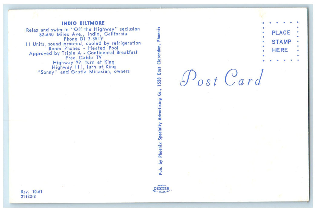 c1960s Indio Biltmore Motel Exterior Roadside California CA Unposted Postcard