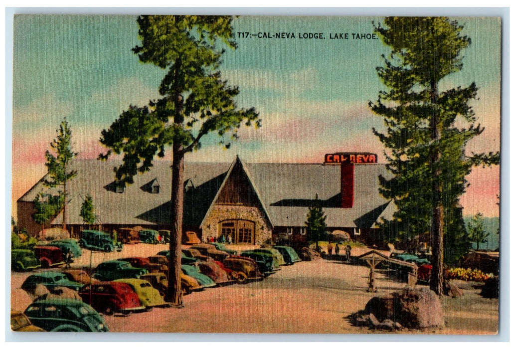 c1940s Cal-Neva Lodge Exterior Roadside Lake Tahoe California CA Cars Postcard