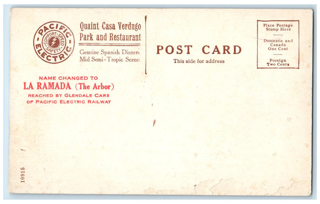 c1910s Casa Verdugo Restaurant Park Casa Verdugo California CA Unposted Postcard