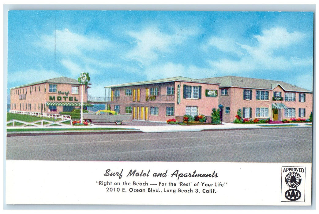 c1960s Surf Motel And Apartments Exterior Roadside Long Beach CA Cars Postcard