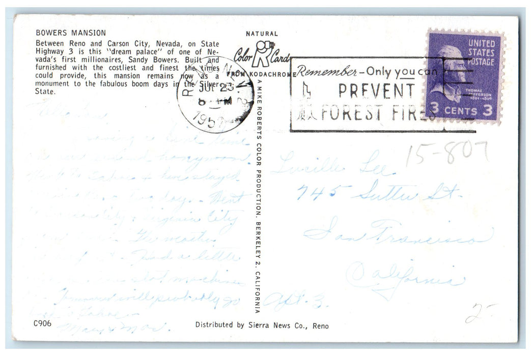 1952 Bowers Mansion Between Reno And Carson City Nebraska NE Posted Postcard