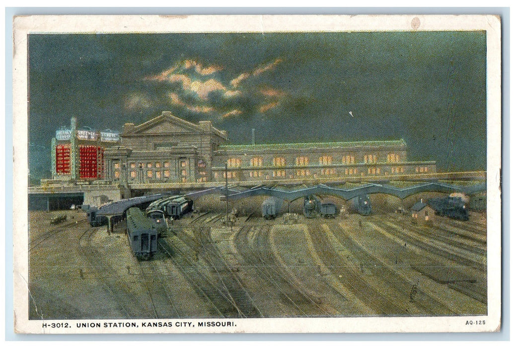 1923 Union Station Train Locomotor Scene Kansas City Missouri MO Posted Postcard