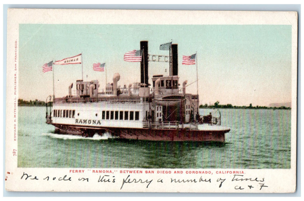c1905s Ferry Ramona Steamship Scene Between San Diego And Coronado CA Postcard