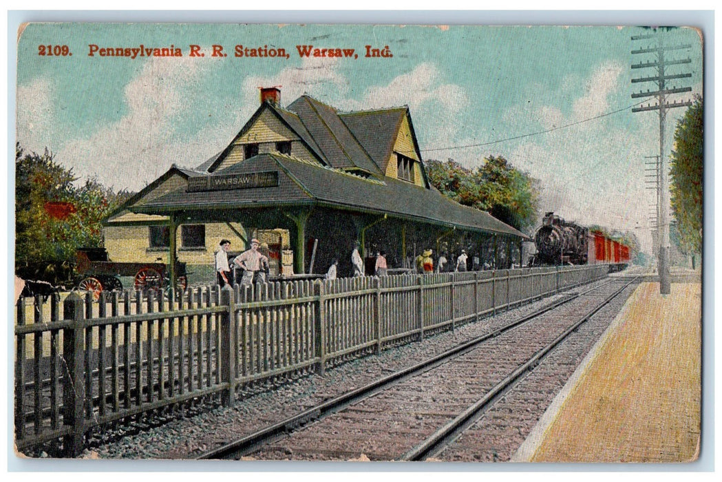 1913 Pennsylvania Railroad Station People View Warsaw Indiana IN Posted Postcard