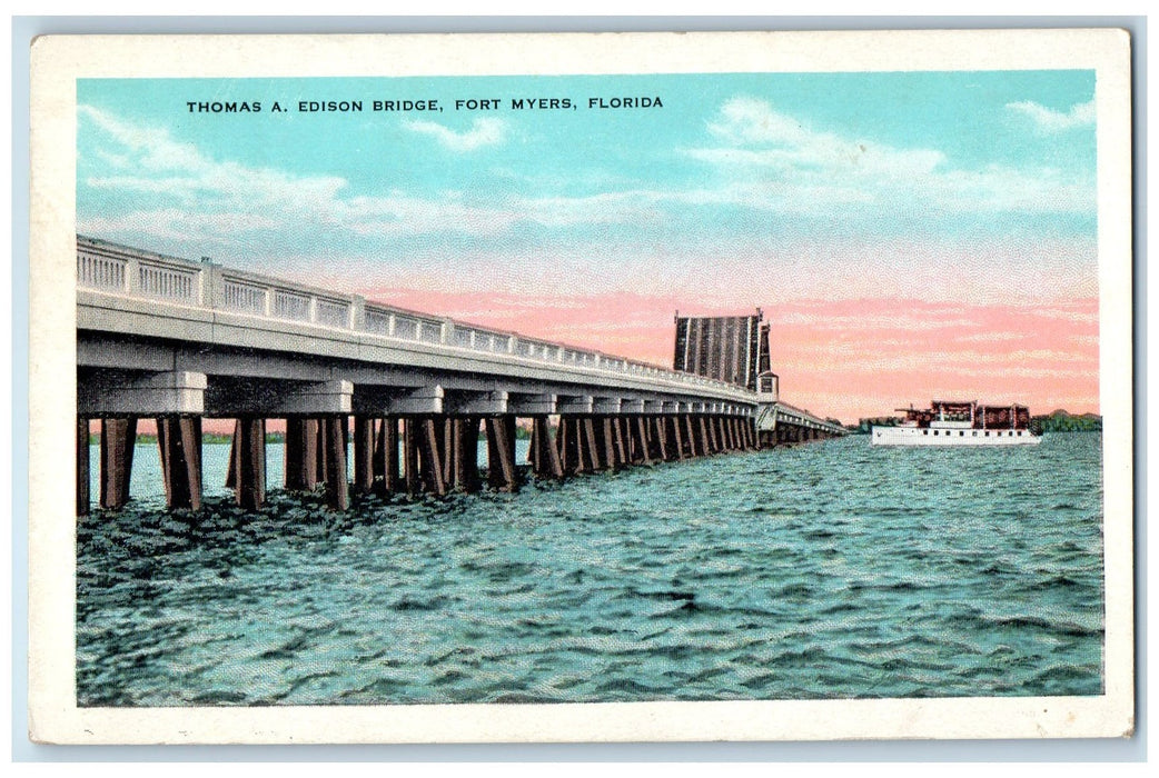c1940s Thomas A. Edison Bridge Ship View Fort Myers Florida FL Unposted Postcard
