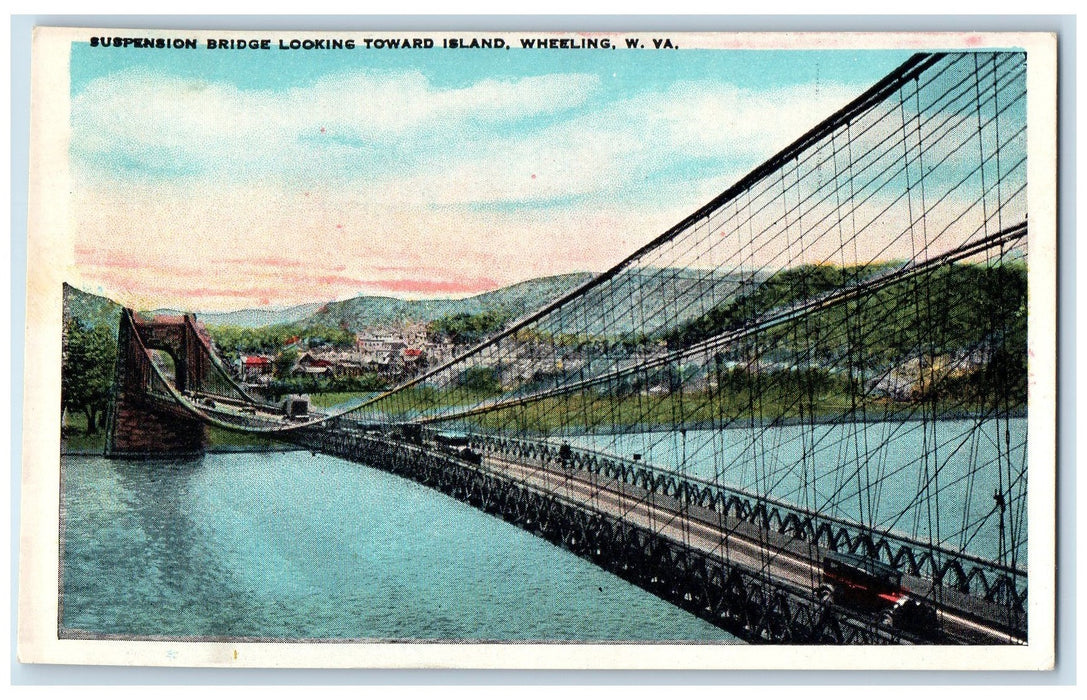 c1940s Suspension Bridge Looking Toward Island Wheeling West Virginia Postcard