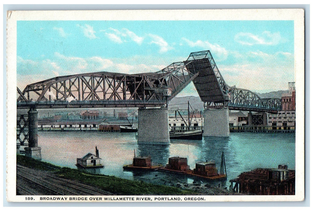 c1940s Broadway Bridge Over Willamette River Portland OR Unposted Boat Postcard