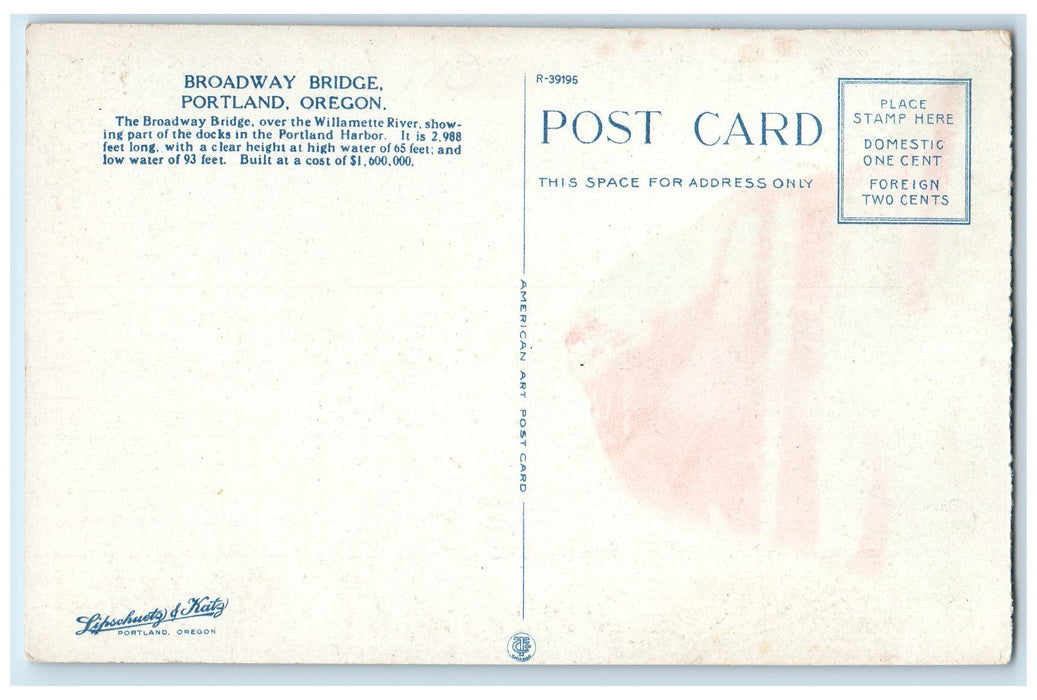 c1940s Broadway Bridge Over Willamette River Portland OR Unposted Boat Postcard