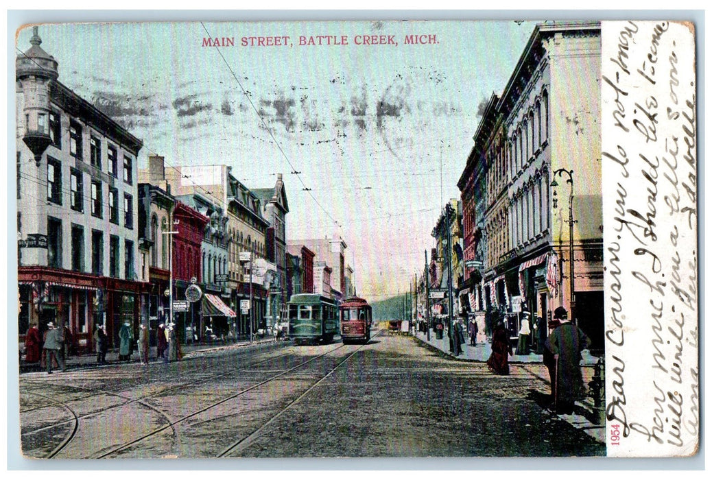 1907 Main Street Trolley Bus Shops View Battle Creek Michigan MI Posted Postcard