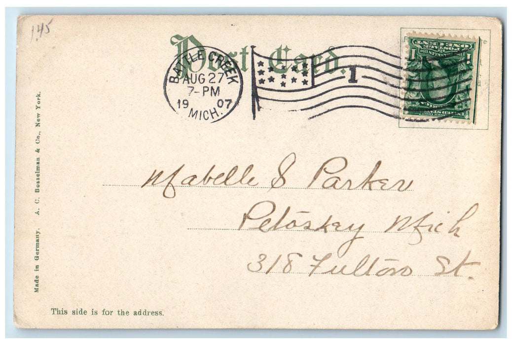 1907 Main Street Trolley Bus Shops View Battle Creek Michigan MI Posted Postcard