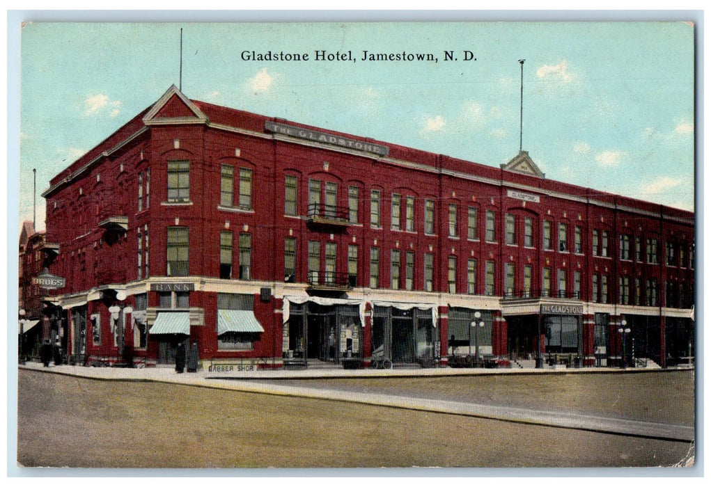 1911 Gladstone Hotel Exterior Drugstore Scene Jamestown North Dakota ND Postcard