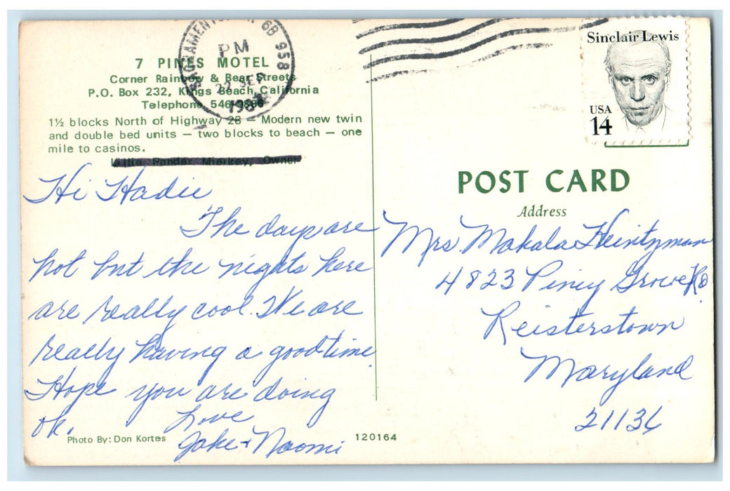 1987 7 Pines Motel Exterior Roadside King Beach Placer County CA Posted Postcard