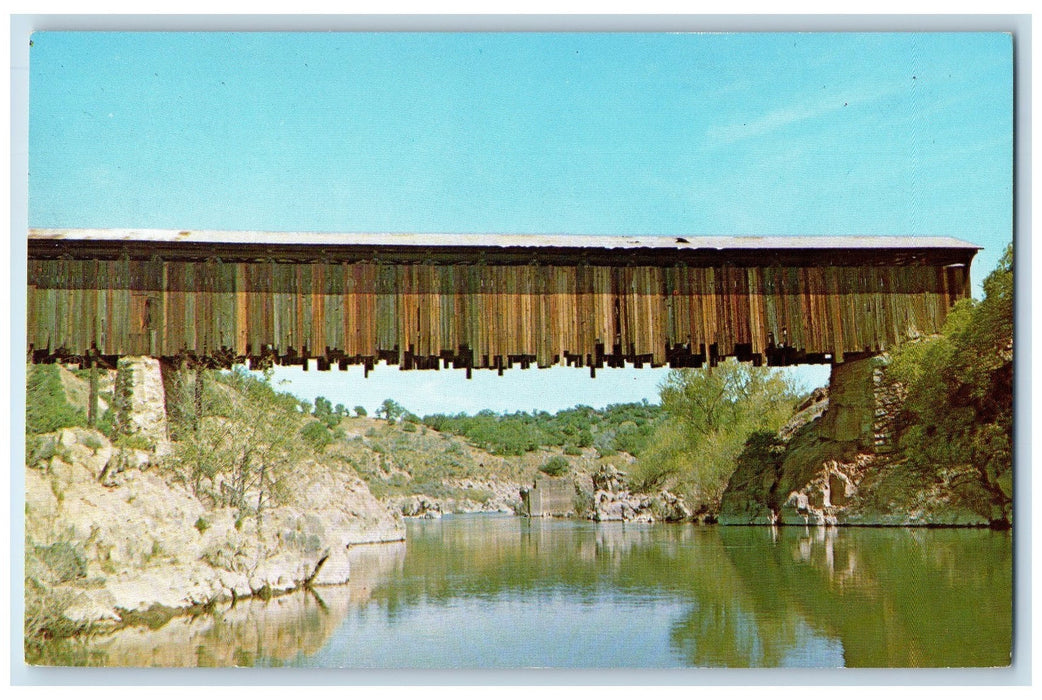 c1960s Knights Ferry Covered Bridge Stanislaus River View California CA Postcard