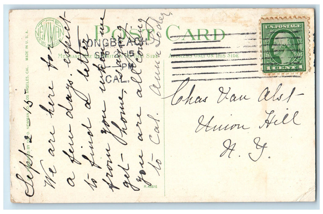 1915 Virginia Hotel  Exterior Roadside Long Beach California CA Posted Postcard