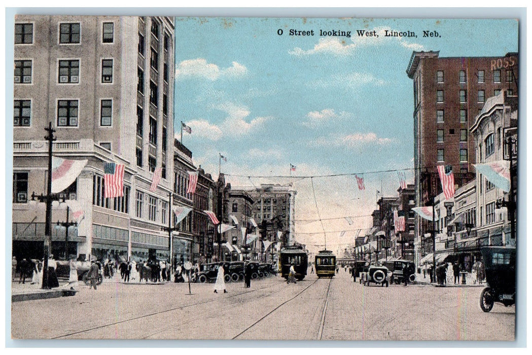 c1920s O Street Looking West Trolley Bus Lincoln Nebraska NE Unposted Postcard