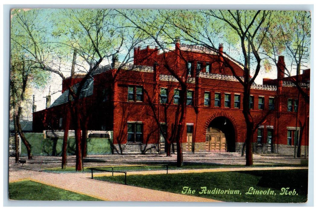 1910 The Auditorium Exterior Roadside Lincoln Nebraska NE Posted Trees Postcard