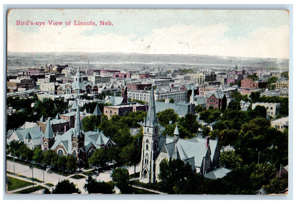 1912 Bird's-Eye View Of Lincoln Churches View Nebraska NE Posted Trees Postcard