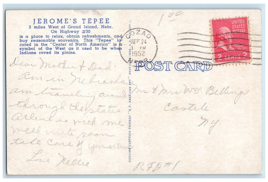 1952 Jerome's Tepee Souvenirs 3 Miles West Of Grand Island Nebraska NE Postcard