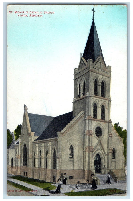 c1920s St. Michael's Catholic Church Scene Albion Nebraska NE Unposted Postcard