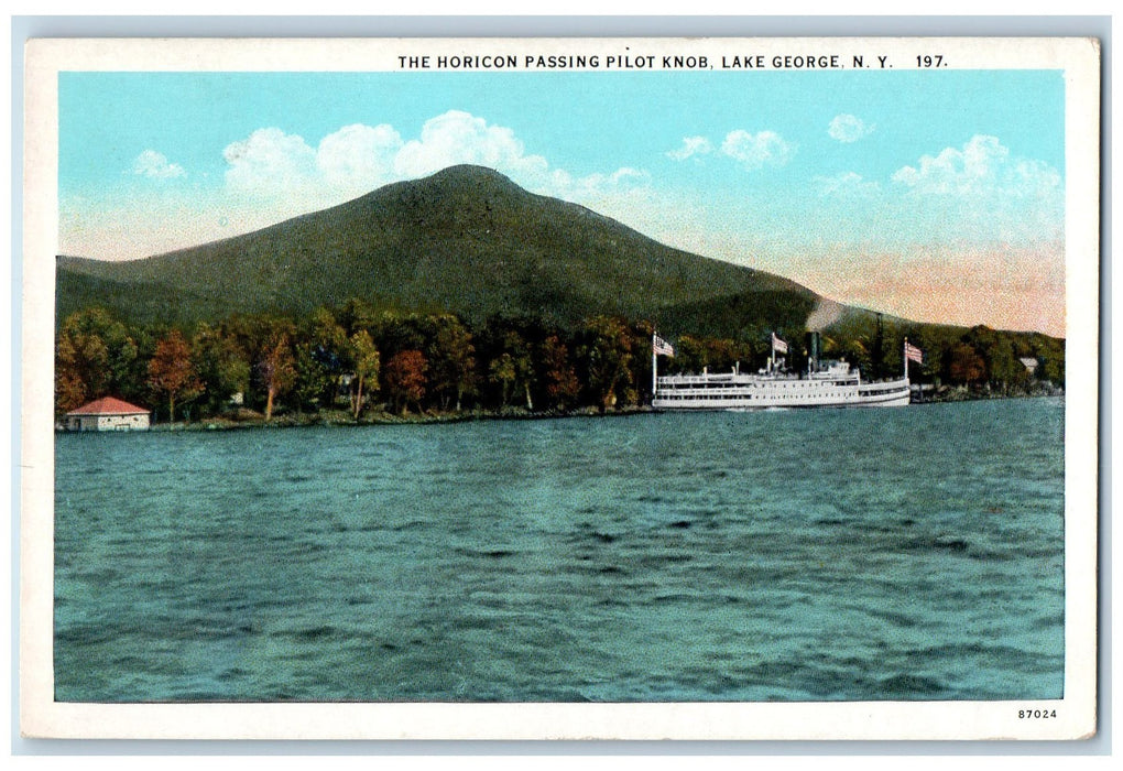 c1940s The Horicon Passing Pilot Knob Pilot Knob Lake George NY Ship Postcard