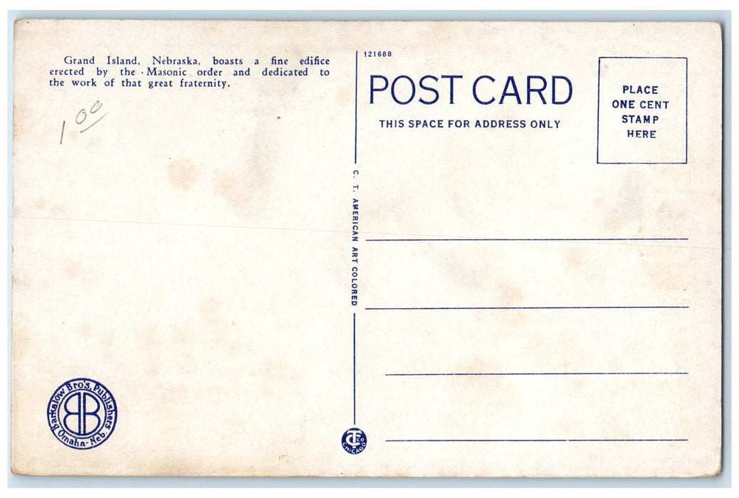 c1940s Masonic Temple Exterior Scene Grand Island Nebraska NE Unposted Postcard