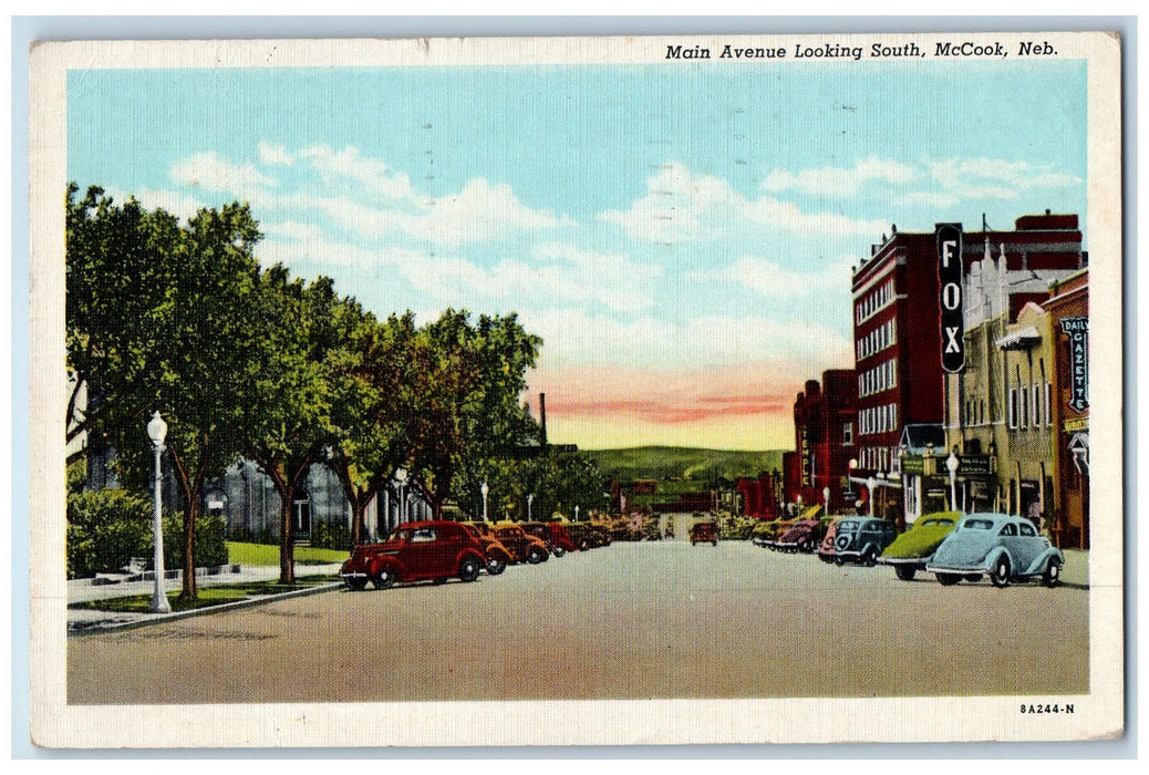 1942 Main Avenue Looking South Cars Scene McCook Nebraska NE Posted Postcard