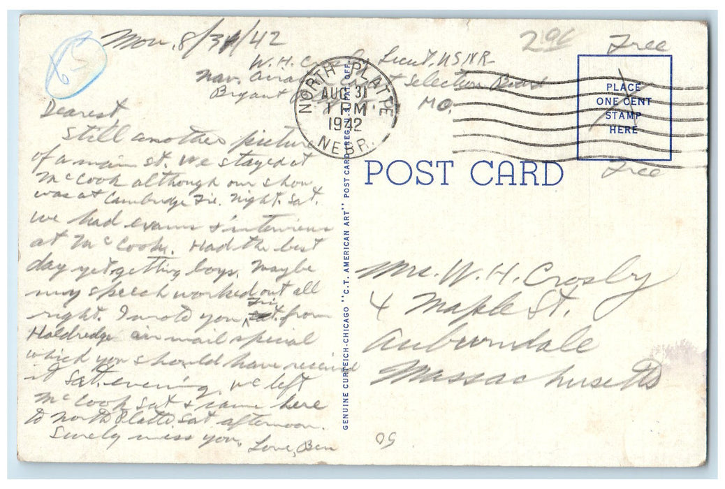 1942 Main Avenue Looking South Cars Scene McCook Nebraska NE Posted Postcard