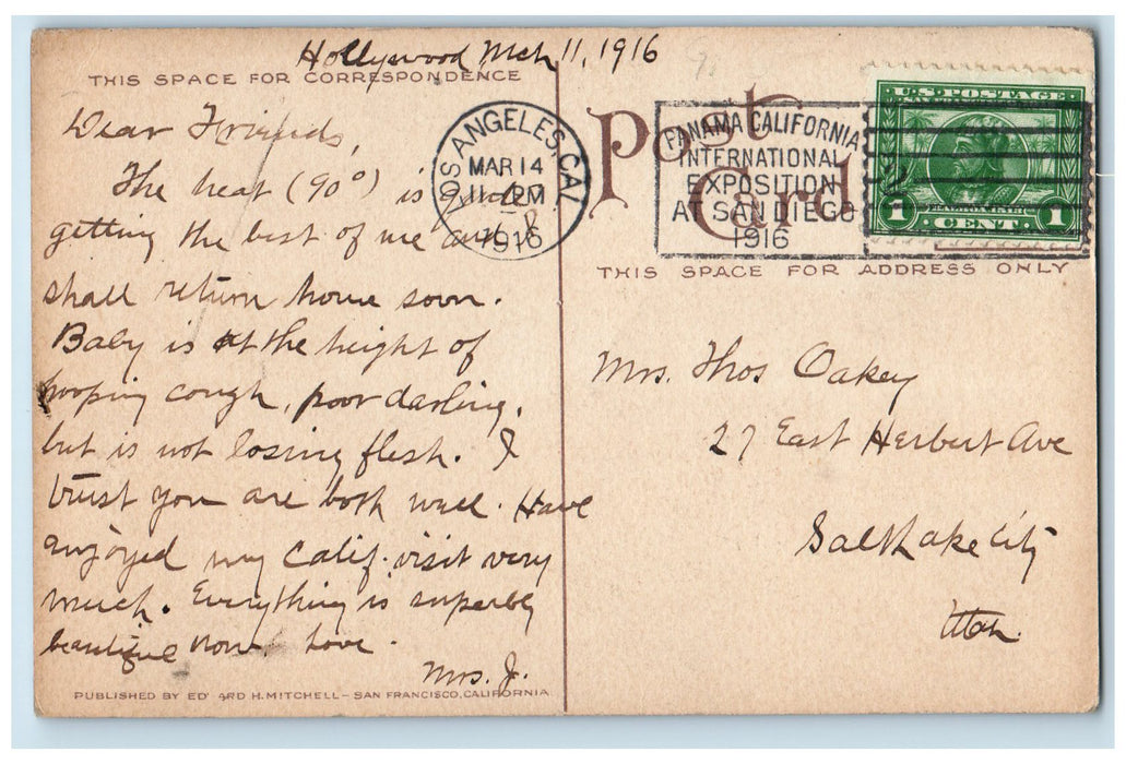 1916 Southern Pacific Company's Motor Car Rail Los Angeles CA Posted Postcard