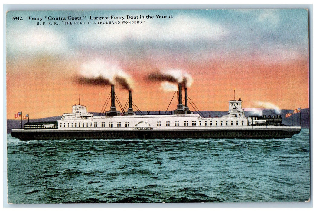 c1940s Ferry Contra Costa Largest Ferry Boat In The World Port Costa CA Postcard