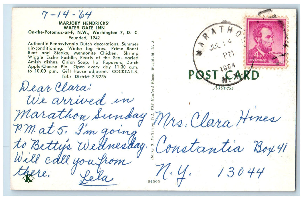 1964 Marjory Hendrick's Water Gate Inn Restaurant View Washington DC Postcard
