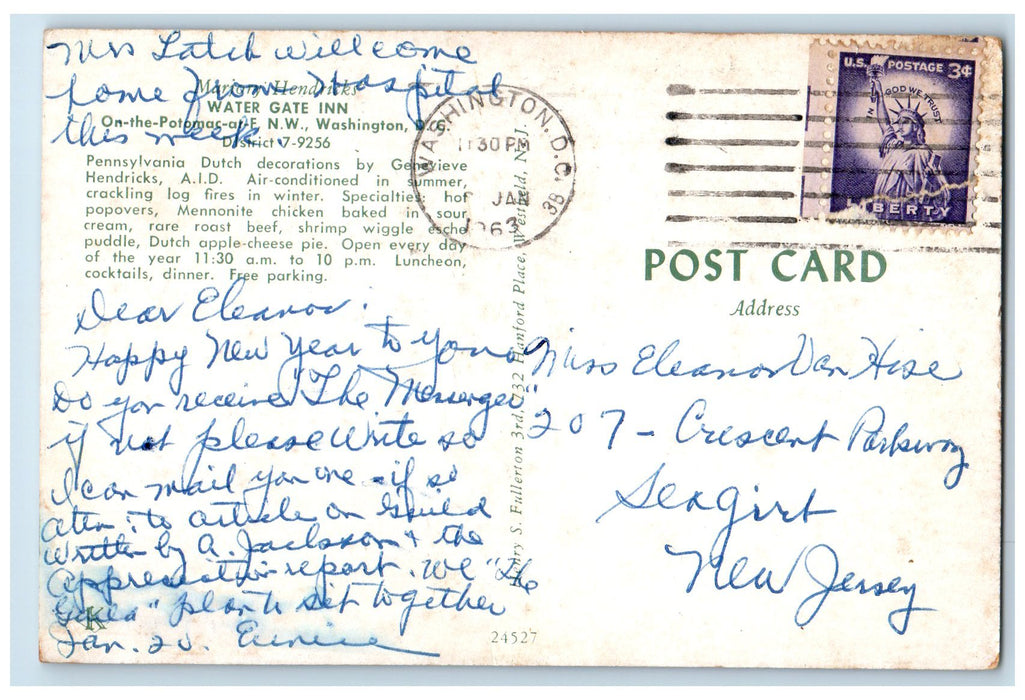 1963 Marjory Hendrick's Water Gate Inn Dutch Decorations Washington DC Postcard
